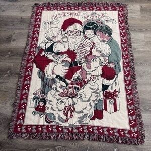 Vintage Christmas Large Throw Blanket Santa In The Spirit of Giving Cotton